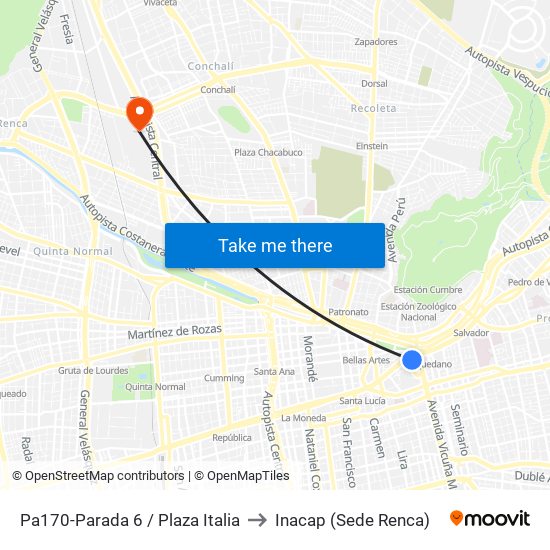 Pa170-Parada 6 / Plaza Italia to Inacap (Sede Renca) map
