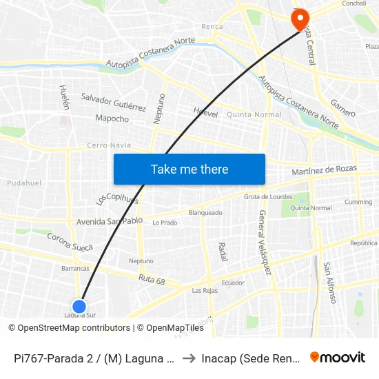 Pi767-Parada 2 / (M) Laguna Sur to Inacap (Sede Renca) map
