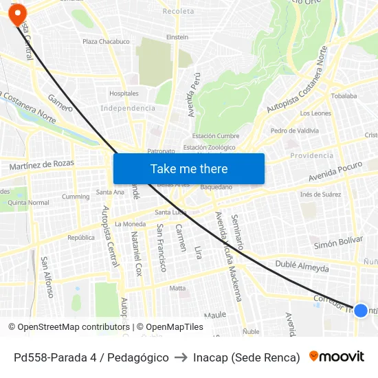 Pd558-Parada 4 / Pedagógico to Inacap (Sede Renca) map