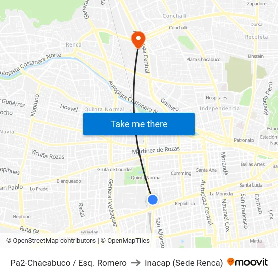 Pa2-Chacabuco / Esq. Romero to Inacap (Sede Renca) map