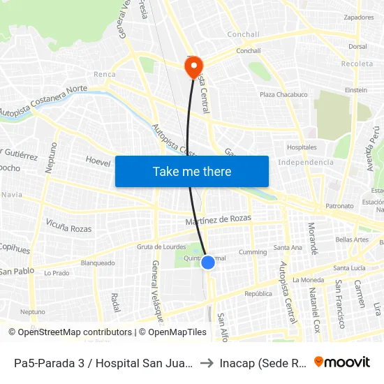 Pa5-Parada 3 / Hospital San Juan De Dios to Inacap (Sede Renca) map