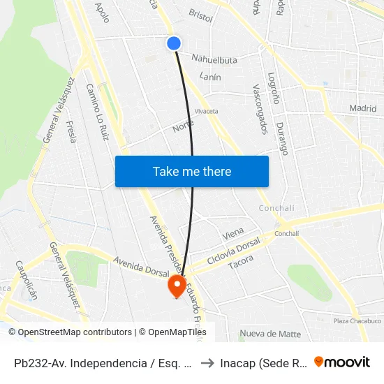 Pb232-Av. Independencia / Esq. Uno Norte to Inacap (Sede Renca) map