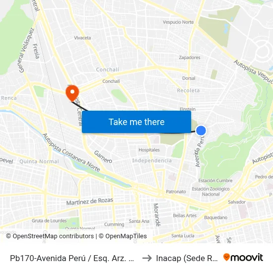 Pb170-Avenida Perú / Esq. Arz. Valdivieso to Inacap (Sede Renca) map