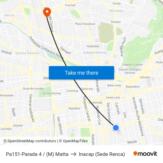 Pa151-Parada 4 / (M) Matta to Inacap (Sede Renca) map
