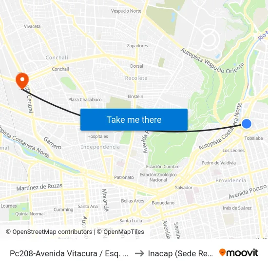 Pc208-Avenida Vitacura / Esq. Zurich to Inacap (Sede Renca) map