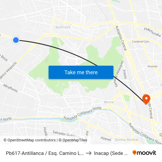 Pb617-Antillanca / Esq. Camino Lo Echevers to Inacap (Sede Renca) map