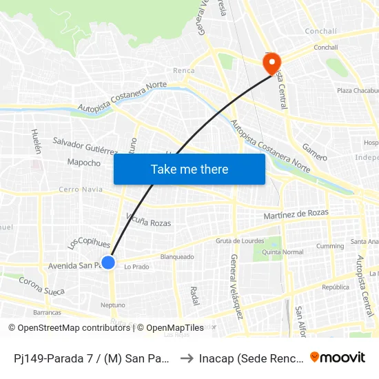 Pj149-Parada 7 / (M) San Pablo to Inacap (Sede Renca) map