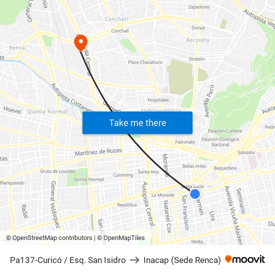 Pa137-Curicó / Esq. San Isidro to Inacap (Sede Renca) map