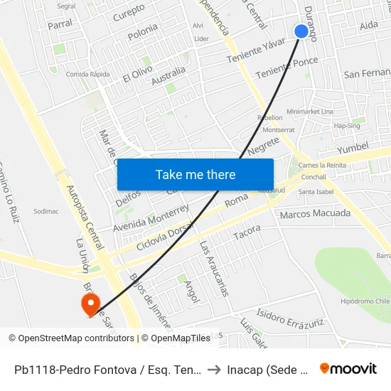 Pb1118-Pedro Fontova / Esq. Teniente Yávar to Inacap (Sede Renca) map