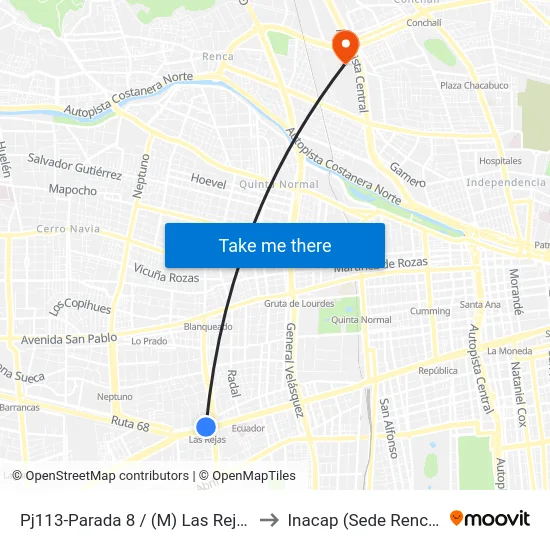 Pj113-Parada 8 / (M) Las Rejas to Inacap (Sede Renca) map
