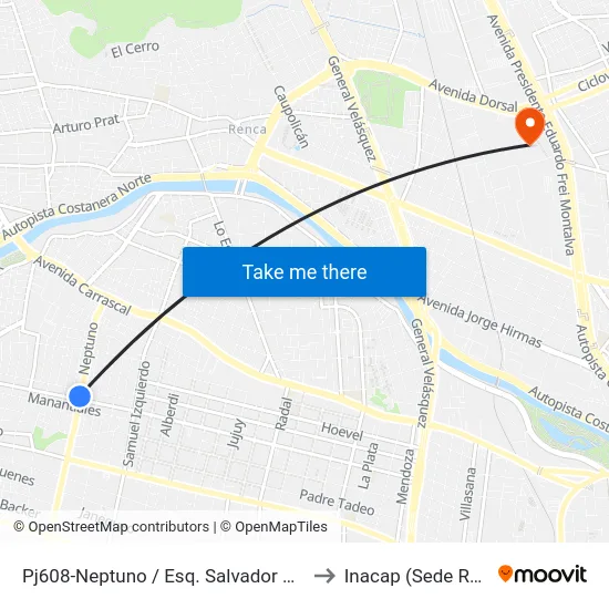 Pj608-Neptuno / Esq. Salvador Gutiérrez to Inacap (Sede Renca) map