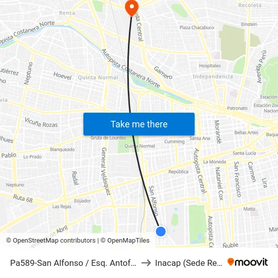 Pa589-San Alfonso / Esq. Antofagasta to Inacap (Sede Renca) map
