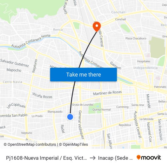 Pj1608-Nueva Imperial / Esq. Victorino Laynez to Inacap (Sede Renca) map