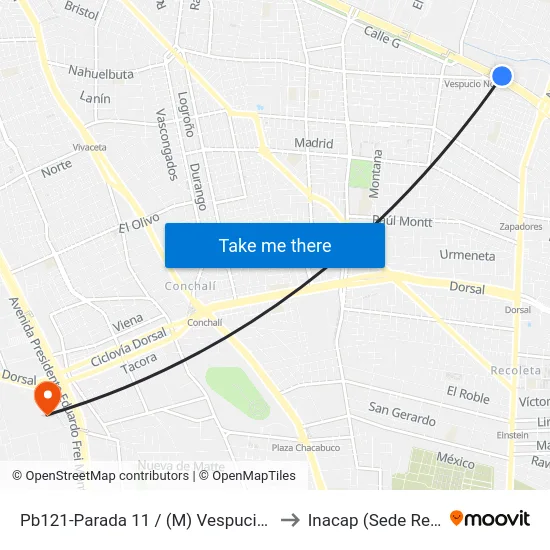 Pb121-Parada 11 / (M) Vespucio Norte to Inacap (Sede Renca) map
