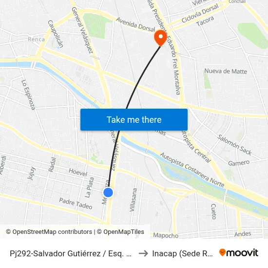 Pj292-Salvador Gutiérrez / Esq. Mendoza to Inacap (Sede Renca) map