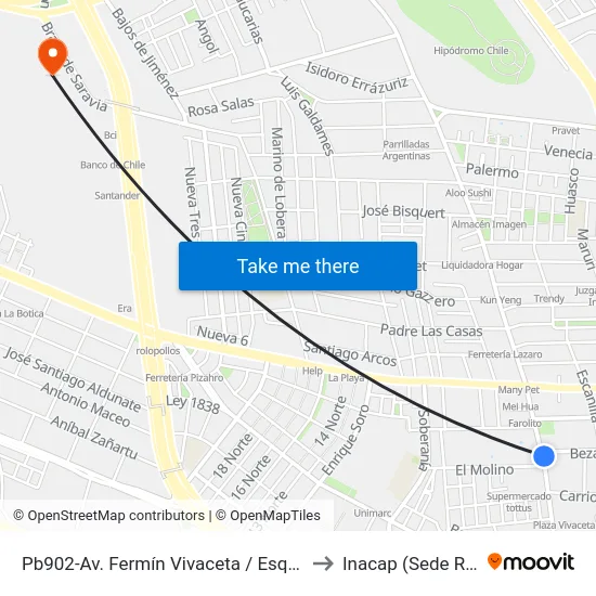Pb902-Av. Fermín Vivaceta / Esq. Bezanilla to Inacap (Sede Renca) map