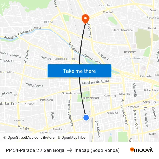 Pi454-Parada 2 / San Borja to Inacap (Sede Renca) map