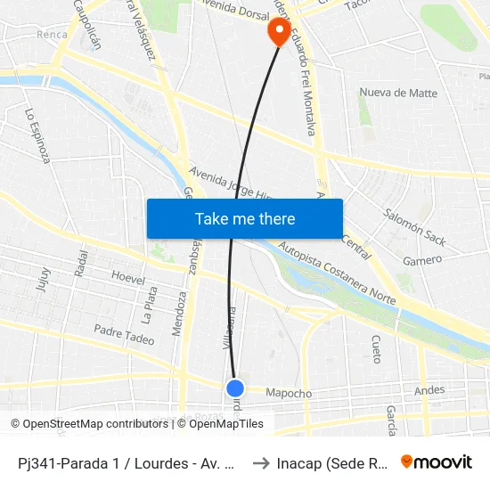 Pj341-Parada 1 / Lourdes - Av. Mapocho to Inacap (Sede Renca) map