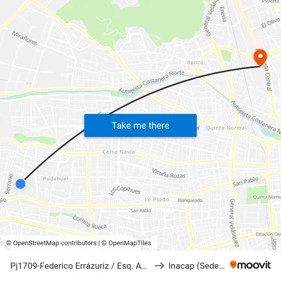 Pj1709-Federico Errázuriz / Esq. Avenida Mapocho to Inacap (Sede Renca) map