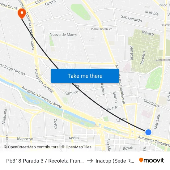 Pb318-Parada 3 / Recoleta Franciscana to Inacap (Sede Renca) map