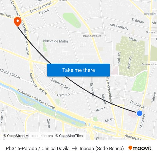 Pb316-Parada / Clínica Dávila to Inacap (Sede Renca) map