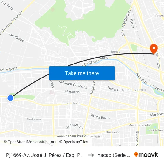 Pj1669-Av. José J. Pérez / Esq. Pasaje Riñihue to Inacap (Sede Renca) map