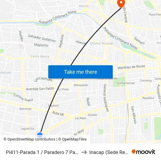 Pi411-Parada 1 / Paradero 7 Pajaritos to Inacap (Sede Renca) map