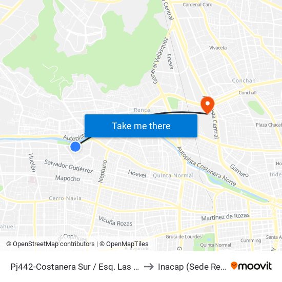 Pj442-Costanera Sur / Esq. Las Lumas to Inacap (Sede Renca) map