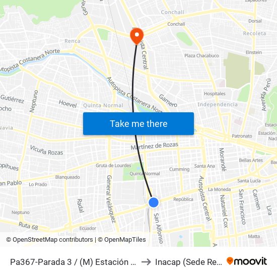 Pa367-Parada 3 / (M) Estación Central to Inacap (Sede Renca) map