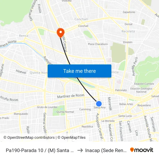 Pa190-Parada 10 / (M) Santa Ana to Inacap (Sede Renca) map