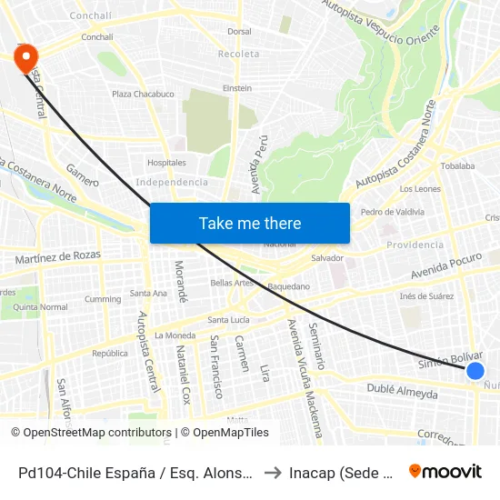 Pd104-Chile España / Esq. Alonso De Ercilla to Inacap (Sede Renca) map