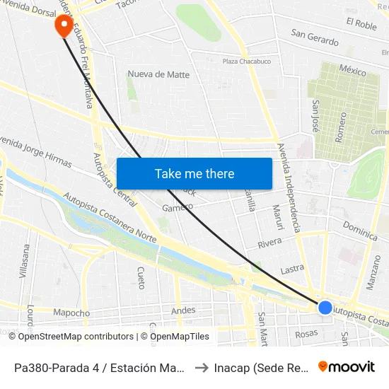 Pa380-Parada 4 / Estación Mapocho to Inacap (Sede Renca) map