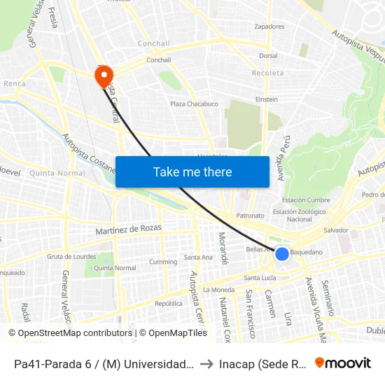 Pa41-Parada 6 / (M) Universidad Católica to Inacap (Sede Renca) map