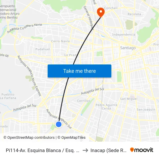 Pi114-Av. Esquina Blanca / Esq. Los Tilos to Inacap (Sede Renca) map