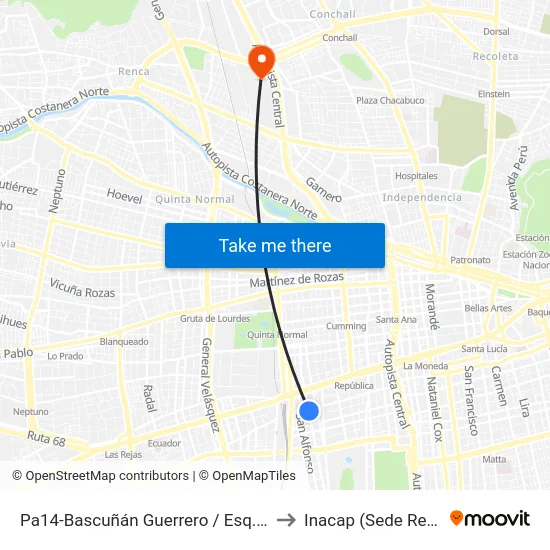 Pa14-Bascuñán Guerrero / Esq. Sazié to Inacap (Sede Renca) map