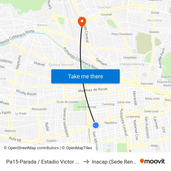 Pa15-Parada / Estadio Victor Jara to Inacap (Sede Renca) map