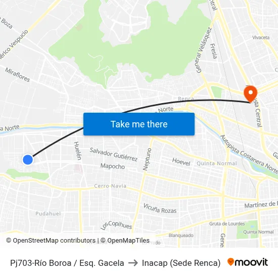 Pj703-Río Boroa / Esq. Gacela to Inacap (Sede Renca) map
