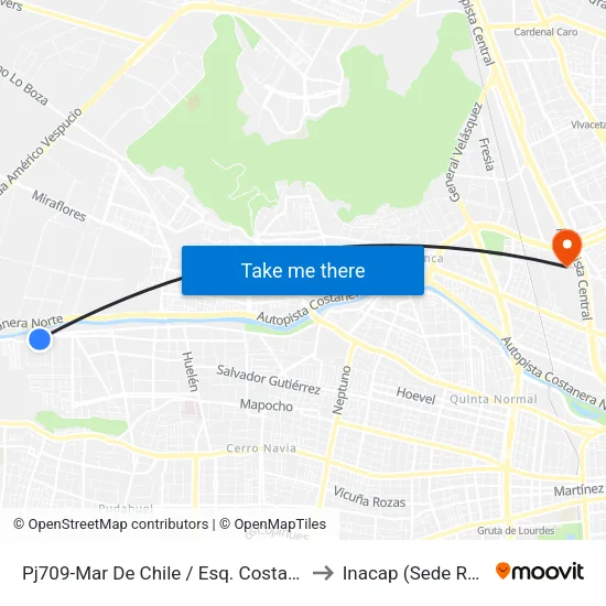 Pj709-Mar De Chile / Esq. Costanera Sur to Inacap (Sede Renca) map