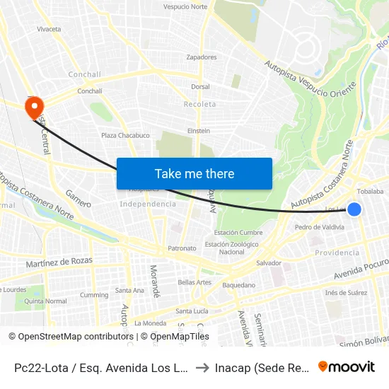 Pc22-Lota / Esq. Avenida Los Leones to Inacap (Sede Renca) map