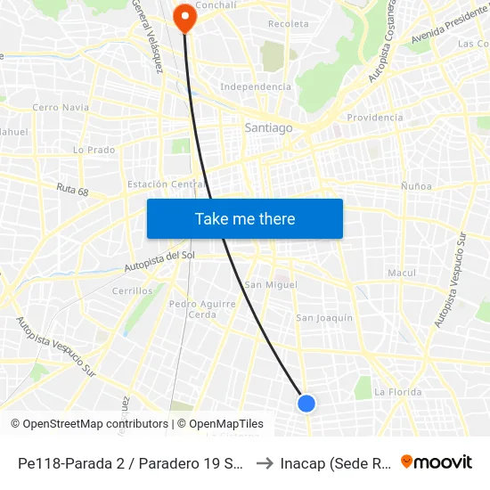 Pe118-Parada 2 / Paradero 19 Santa Rosa to Inacap (Sede Renca) map