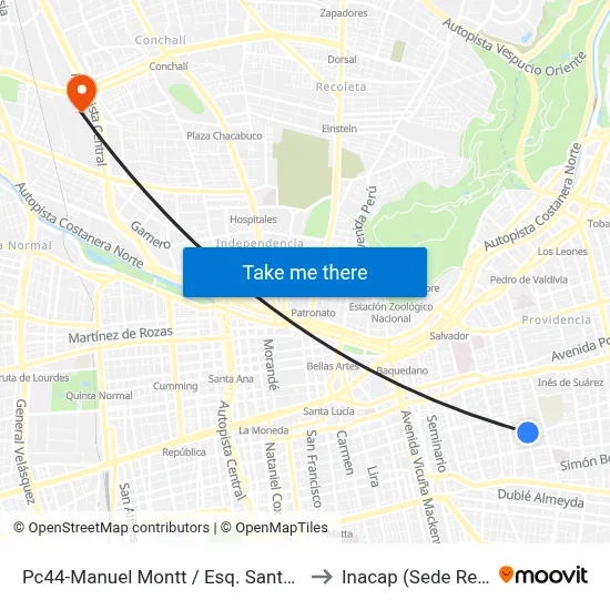 Pc44-Manuel Montt / Esq. Santa Isabel to Inacap (Sede Renca) map