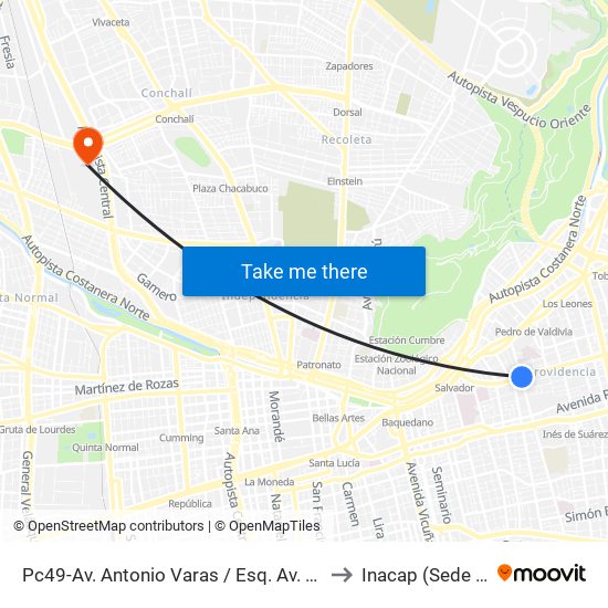 Pc49-Av. Antonio Varas / Esq. Av. Eliodoro Yáñez to Inacap (Sede Renca) map