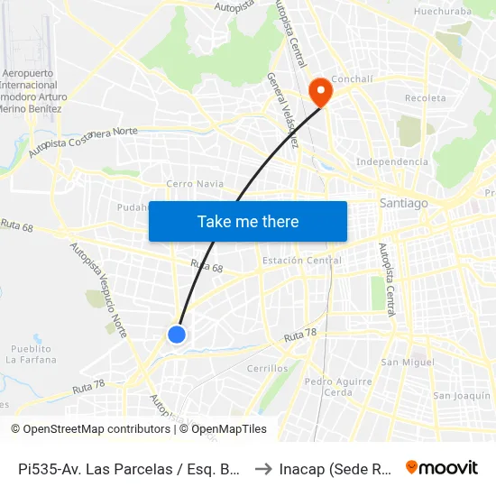 Pi535-Av. Las Parcelas / Esq. Botswana to Inacap (Sede Renca) map