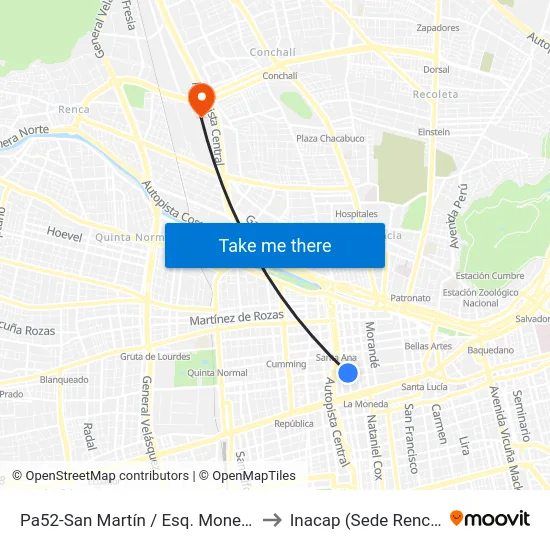 Pa52-San Martín / Esq. Moneda to Inacap (Sede Renca) map