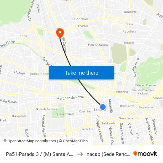 Pa51-Parada 3 / (M) Santa Ana to Inacap (Sede Renca) map