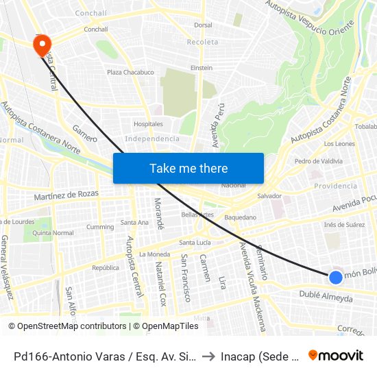 Pd166-Antonio Varas / Esq. Av. Simón Bolivar to Inacap (Sede Renca) map