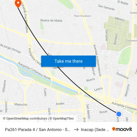Pa261-Parada 4 / San Antonio - Santo Domingo to Inacap (Sede Renca) map