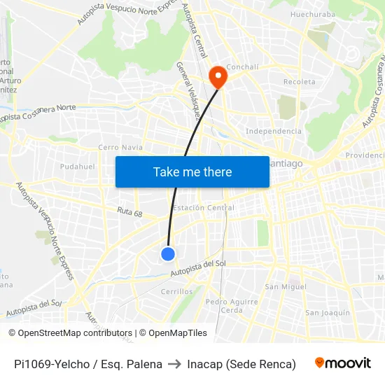 Pi1069-Yelcho / Esq. Palena to Inacap (Sede Renca) map