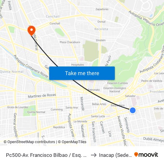 Pc500-Av. Francisco Bilbao / Esq. Avenida Salvador to Inacap (Sede Renca) map