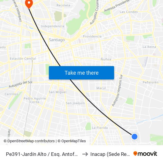 Pe391-Jardín Alto / Esq. Antofagasta to Inacap (Sede Renca) map